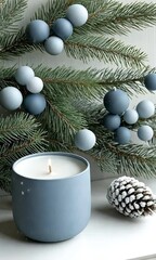 Wall Mural - Soft blue candle sits next to a pine cone, surrounded by pastel ornaments and evergreen branches, creating a cozy winter atmosphere