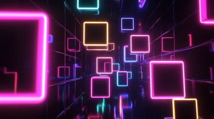 Wall Mural - a vibrant and futuristic neon tunnel with glowing squares in various colors, creating an immersive v