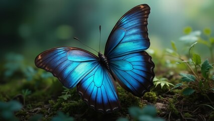 Sticker - A blue butterfly sitting on top of a moss covered ground