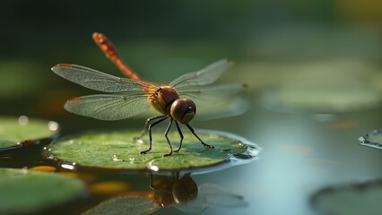 Sticker - A dragonfly sitting on top of a lily pad in a pond