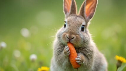 Wall Mural - A rabbit eating a carrot in a field of flowers