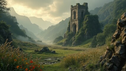 Wall Mural - A castle in the middle of a lush green valley