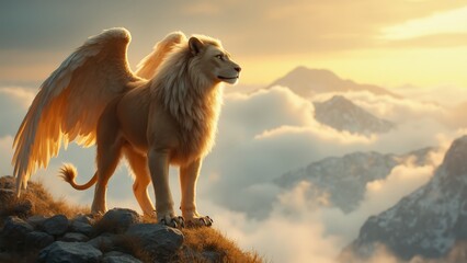 Wall Mural - A white lion with wings standing on top of a mountain