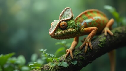 Sticker - A green chameleon sitting on a tree branch in the jungle