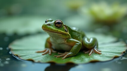 Sticker - A green frog sitting on top of a green leaf