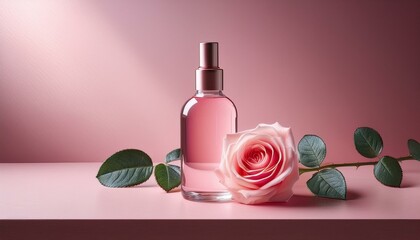 Wall Mural - Pink perfume bottle with a single rose. Soft, romantic, and elegant.