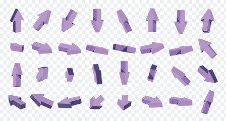 Set of isometric arrows. UI and UX design elements for website, application, program or video game. Navigation and direction. 3D vector collection