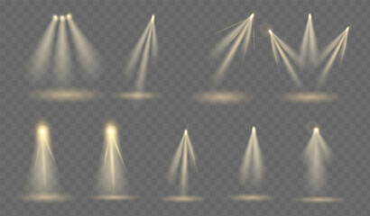 Set of light studio lighting. Pack of ray of lights. Illumination and decoration, presentation of products. Spotlight for scene. Realistic vector collection