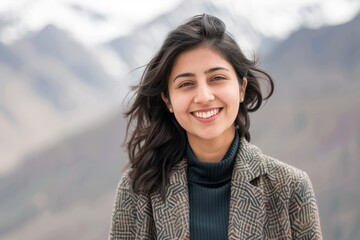 Wall Mural - Portrait of a happy indian woman in her 20s dressed in a stylish blazer isolated on backdrop of mountain peaks