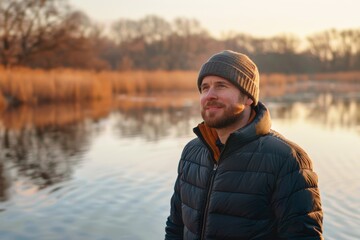 Wall Mural - Portrait of a blissful caucasian man in his 30s dressed in a thermal insulation vest isolated on serene lakeside view