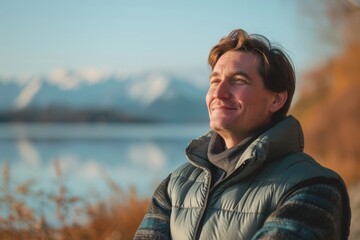 Wall Mural - Portrait of a blissful caucasian man in his 30s dressed in a thermal insulation vest in front of serene lakeside view