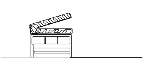 Film clapper in one line drawing. Minimalist entertainment concept, One continuous line drawing of clapper board. Action movie scene and retro video production concept in simple linear style. Outline.