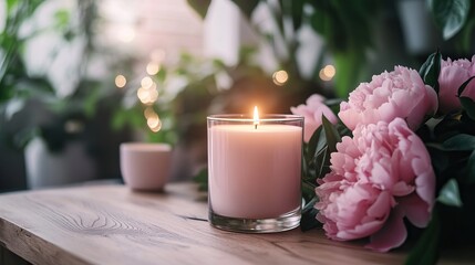 Soft Peony Candles on a Marble Table for Valentine’s Day. A cozy scene featuring a lit pink candle beside fresh peonies, set on a wooden surface adorned with greenery.