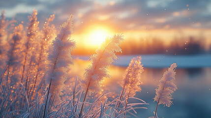 Wall Mural - marsh grasses covered with frost highlighted by the rising sun.