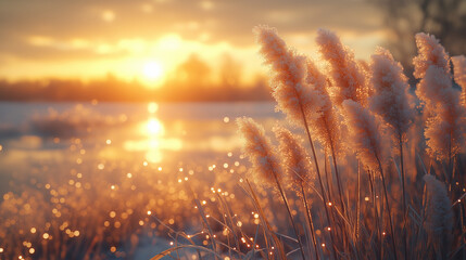 Wall Mural - marsh grasses covered with frost highlighted by the rising sun.