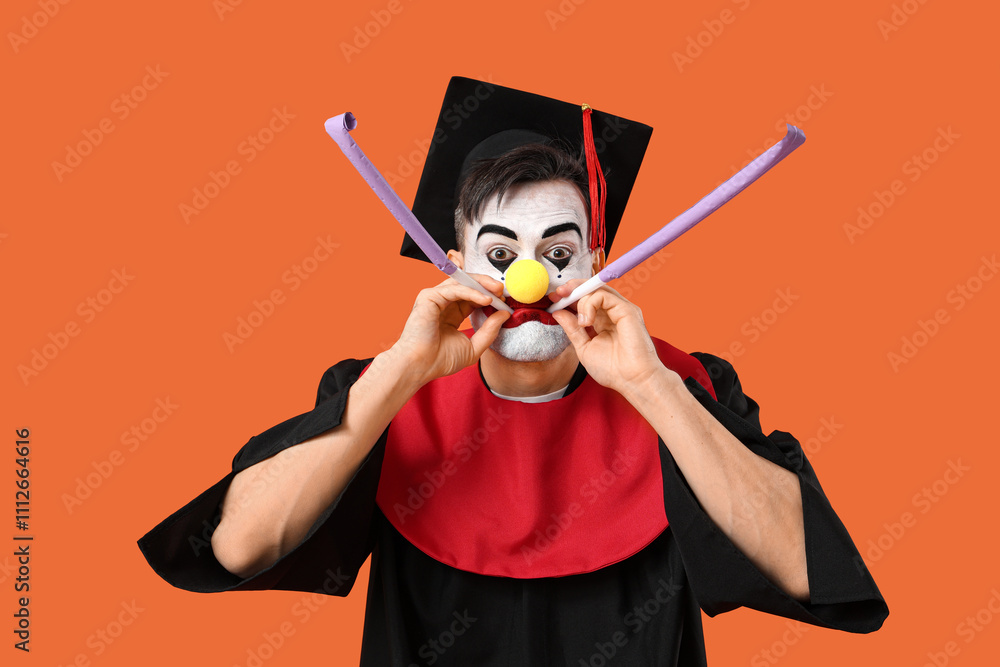 Funny graduating student as clown with party whistles on orange background