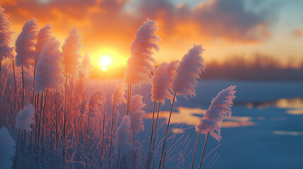 Wall Mural - marsh grasses covered with frost highlighted by the rising sun.