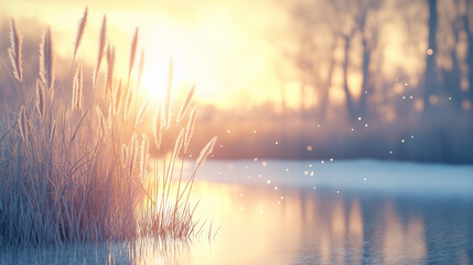 Wall Mural - marsh grasses covered with frost highlighted by the rising sun.
