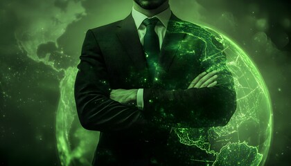Aufkleber - Businessman in Suit with Arm Crossed and Digital Green Earth Background Representing Global Connectivity and Technology Innovation Concept