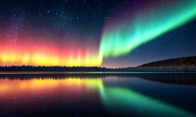 stunning aurora borealis illuminating a serene lake, creating a vibrant reflection.