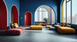© David Giraud - Un salon moderne avec des murs bleus, des portes cintrées, des canapés et des fauteuils colorés, de grandes fenêtres donnant sur la ville et un sol en béton.
