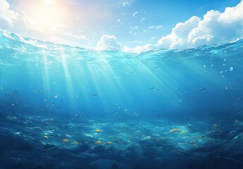  Underwater Scene with Sunlight Streaming Through the Ocean Surface, Vibrant Marine Life, and Colorful Coral Reef in a Serene Aquatic Environment