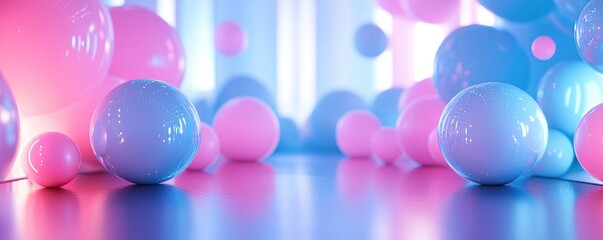 Poster - Abstract background with pastel neon blue and pink spheres, geometric shapes.