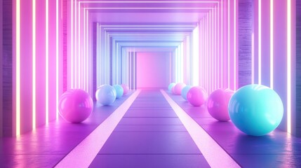 Poster - Abstract background with pastel neon blue and pink spheres, geometric shapes.