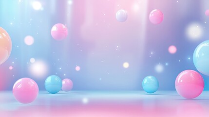 Poster - Abstract background with pastel neon blue and pink spheres, geometric shapes.