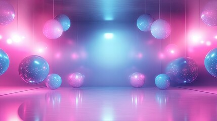 Poster - Abstract background with pastel neon blue and pink spheres, geometric shapes.
