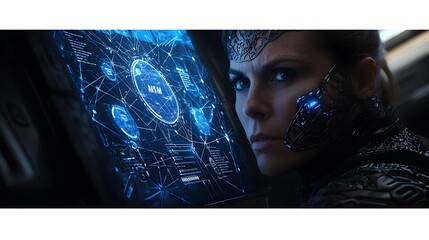 Wall Mural - A businesswoman analyzing a network diagram on a digital screen, her face merging with pie charts and sales statistics. The composition visually conveys the analytical effort needed to manage 