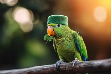 Green amazon parrot wearing funny leprechaun hat holding shamrock in beak. St Patrick's day festive bird portrait on natural blurred background with golden bokeh effect