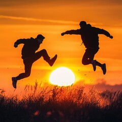 Two friends jump high in a grassy field with a glowing sunset as their backdrop. Their joyful, dynamic poses contrast with the warm, peaceful hues of dusk, creating a playful and lively scene. AI