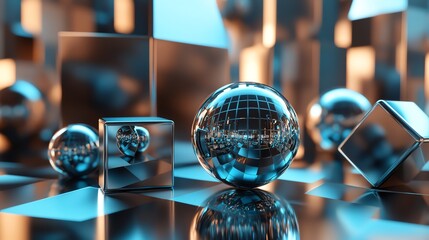 Wall Mural - abstract 3d rendering of chrome spheres and cubes.