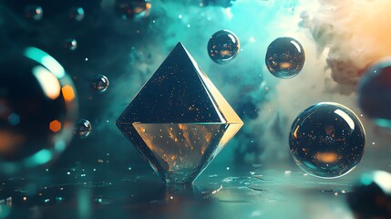 Wall Mural - Abstract, futuristic background with a glowing pyramid and floating spheres.