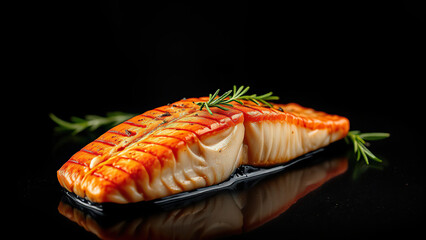 grilled salmon fillet with rosemary isolated on black background,  rosemary herb,  herbs,  seafood,  salmon fillet