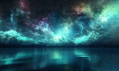a cosmic scene depicting a starry sky over a tranquil ocean, evoking a sense of wonder.