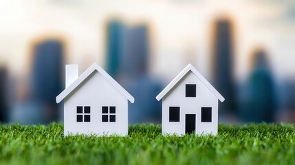 Two miniature white houses on green grass, representing home and real estate against a city backdrop.