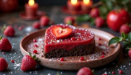 Heart-shaped cake with strawberries and raspberries on a decorative plate in a cozy setting