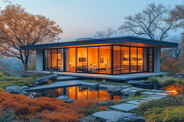 Wall Mural - Modern Glass House Illuminated at Dusk with Autumnal Surroundings