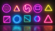 © Goncha Rza - Neon glowing shapes circle, square, triangle. Popular game symbols. Wide gaming background.
