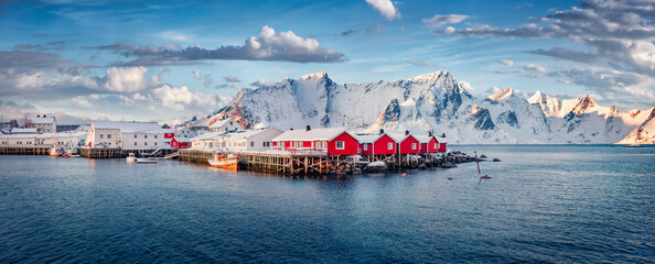 Wall Mural - panoramic winter view of small fishing town - hamnoy, norway, europe. fabulous morning seascape of n