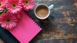 © Katty - Pink flowers, coffee cup, and notebooks on wooden table