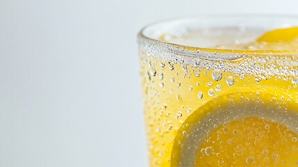 Wall Mural - Close up of a glass of lemonade with a lemon slice and condensation on the glass.