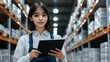 © Noppakun - Young woman with tablet in modern warehouse, overseeing inventory management and logistics, surrounded by shelves filled with packaged goods and products.