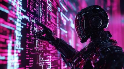 cyber digital world android robot pointing finger computer coding ai chatbot background futuristic f