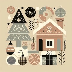 Poster - christmas card with tree and houses