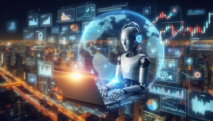 ai robot on background with code content created with generative AI software.