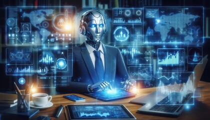ai robot on background with code content created with generative AI software.