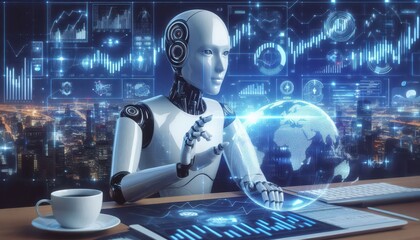 ai robot on background with code content created with generative AI software.